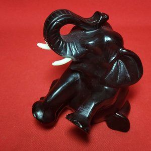 VTG Wood Carving Black Sitting Elephant Home Decor